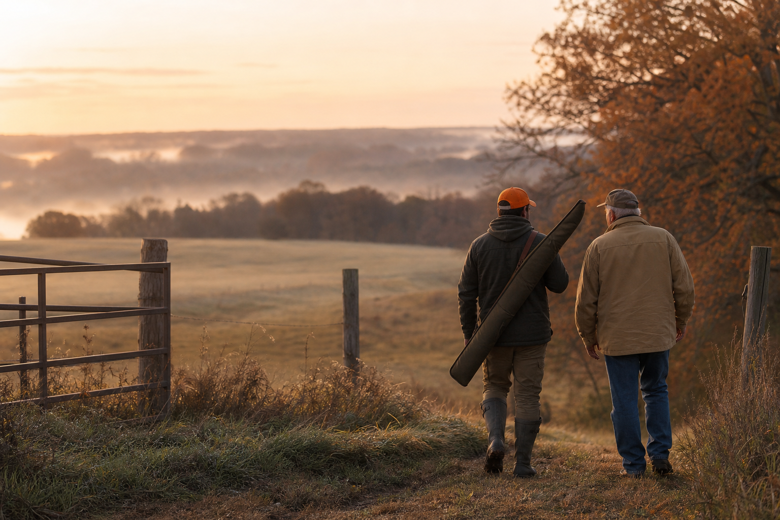 A hunter and a landowner meeting beside a Missouri farm at sunrise